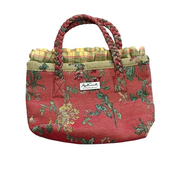 April Cornell Handbags - April Cornell Isabella's Journey Red Floral Tapestry Tote Bag Plaid Ruffle Trim
